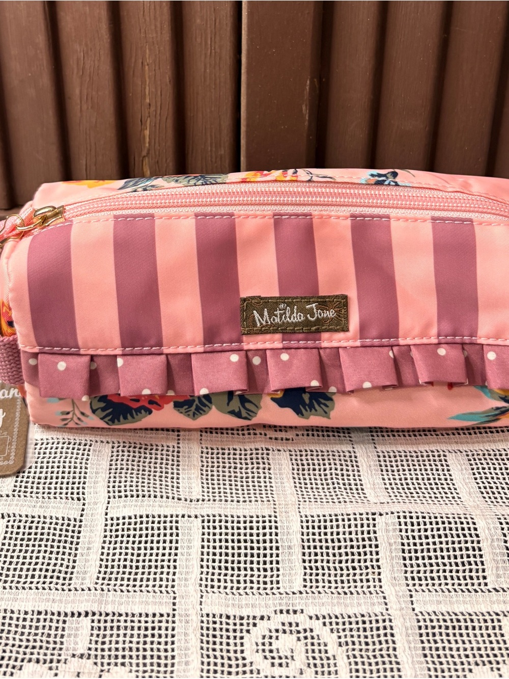 Matilda Jane Pink Floral & Stripe Ruffle Cosmetic Pencil Pouch NWT